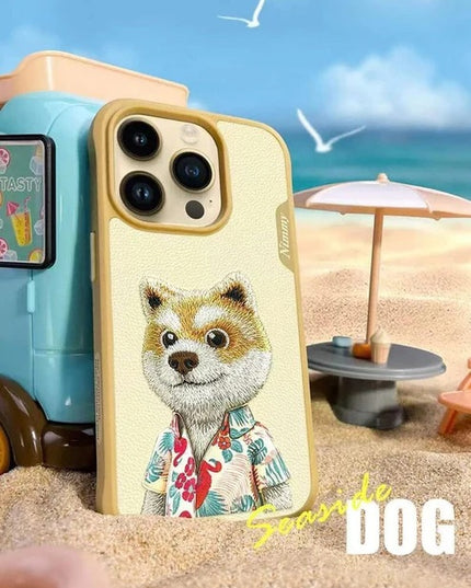 Nimmy 3D Embroidered Khaki Dog Leather Case for iPhone 15 Pro