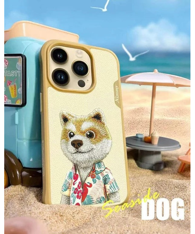 Nimmy 3D Embroidered Khaki Dog Leather Case for iPhone 15 Pro