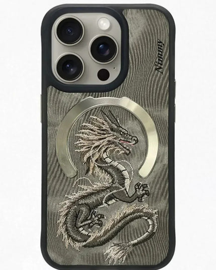 Nimmy Design Dreamy Animal Series Magnetic Safe Case for Apple iPhone 16 Pro Max 3D Embroidery Anti-Slip Scratch Resistant Protective Cover ( Golden Dragon)