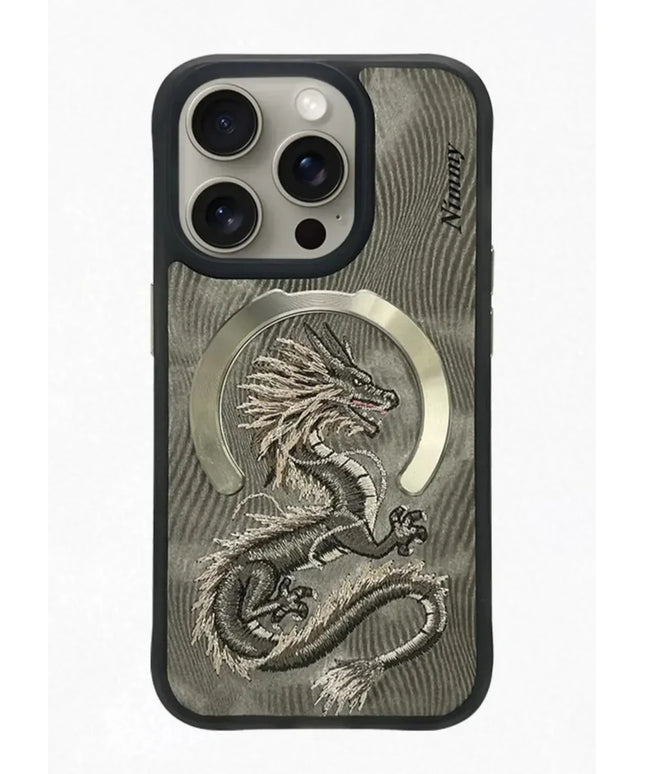 Nimmy Design Dreamy Animal Series Magnetic Safe Case for Apple iPhone 16 Pro Max 3D Embroidery Anti-Slip Scratch Resistant Protective Cover ( Golden Dragon)