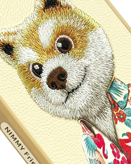 Nimmy 3D Embroidered Khaki Dog Leather Case for iPhone 15 Pro