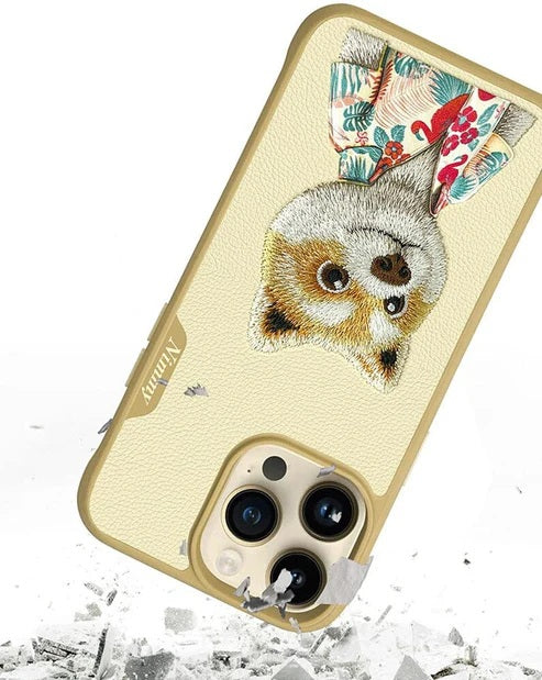 Nimmy 3D Embroidered Khaki Dog Leather Case for iPhone 15 Pro