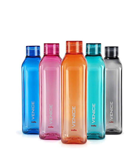 CELLO Venice Plastic Water Bottle | Unbreakable and Hygienic | Perfect for staying hydrated at the school,college, work, gym and outdoor adventures Water Bottle | 1 Litre | Set of 5, Assorted