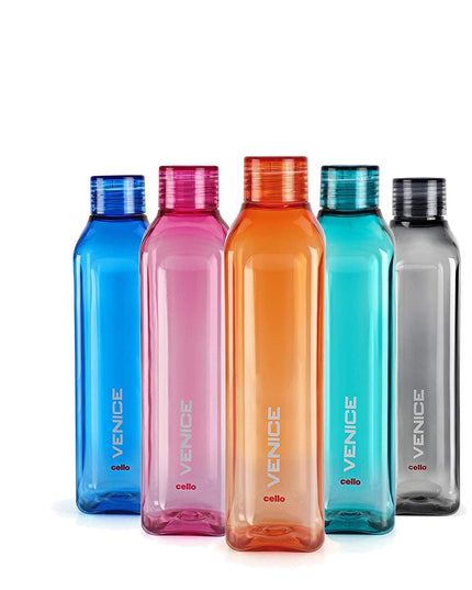 CELLO Venice Plastic Water Bottle | Unbreakable and Hygienic | Perfect for staying hydrated at the school,college, work, gym and outdoor adventures Water Bottle | 1 Litre | Set of 5, Assorted