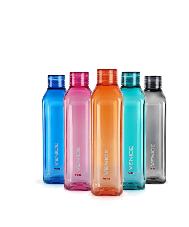 CELLO Venice Plastic Water Bottle | Unbreakable and Hygienic | Perfect for staying hydrated at the school,college, work, gym and outdoor adventures Water Bottle | 1 Litre | Set of 5, Assorted