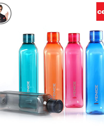 CELLO Venice Plastic Water Bottle | Unbreakable and Hygienic | Perfect for staying hydrated at the school,college, work, gym and outdoor adventures Water Bottle | 1 Litre | Set of 5, Assorted