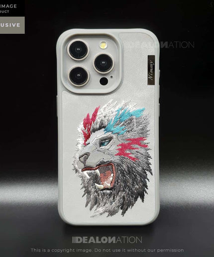 iPhone 3D EMBROIDERED LEATHER LION CASE- Grey