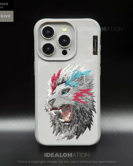 iPhone 3D EMBROIDERED LEATHER LION CASE- Grey