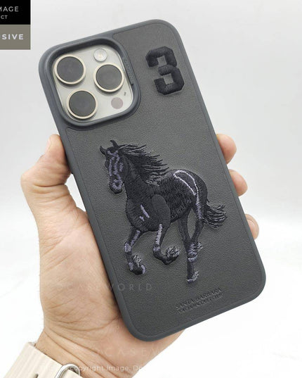 Apple iPhone 16E Case, Boris Series of Horse Embroidery Designed Shockproof Protective Phone Case for Apple iPhone 16E - Black/Grey
