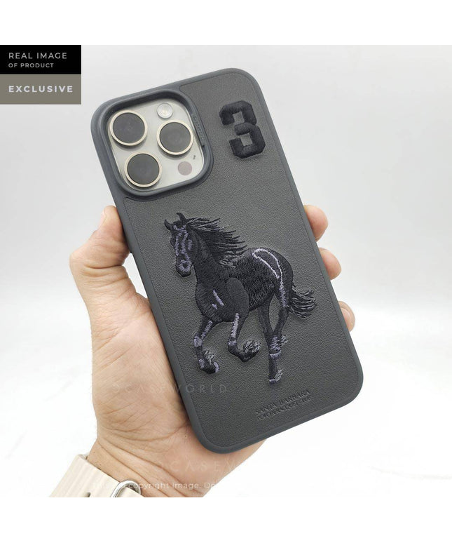Apple iPhone 16E Case, Boris Series of Horse Embroidery Designed Shockproof Protective Phone Case for Apple iPhone 16E - Black/Grey
