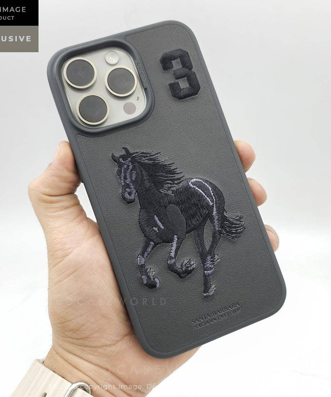 Santa Barbara Polo Horse iPhone Back Case Cover Embroidered Leather Grey iPhone Back Cover