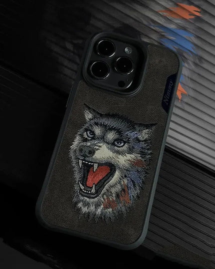 Nimmy 3D Embroided Leather Wolf Back Case for iPhone