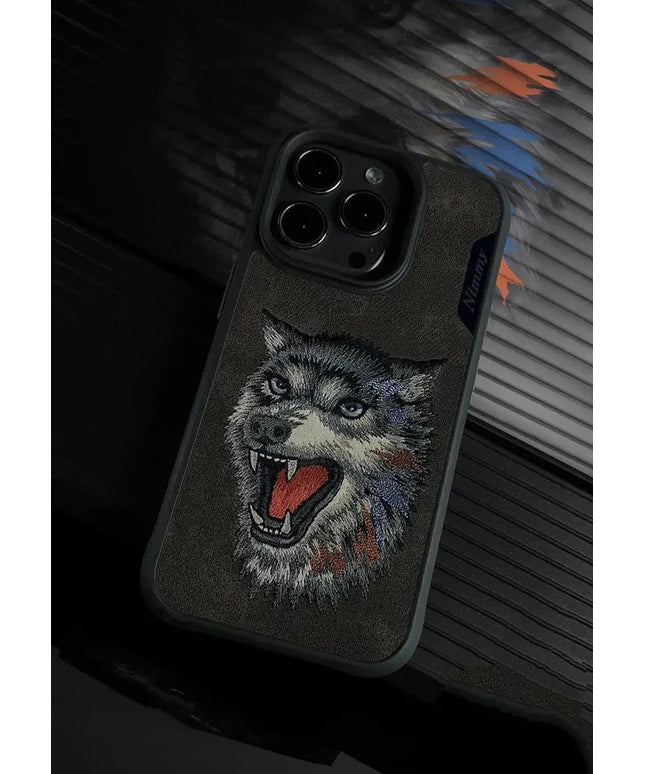 Nimmy 3D Embroided Leather Wolf Back Case for iPhone