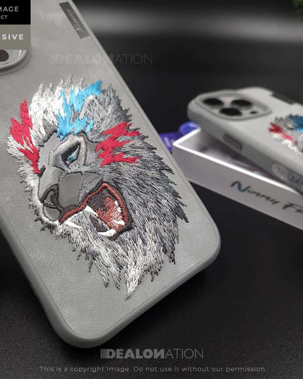 iPhone 3D EMBROIDERED LEATHER LION CASE- Grey